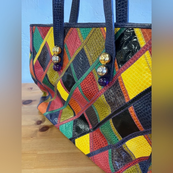 1980’s Unique Colorful Patchwork Leather Tote. Made in Italy - Picture 7 of 9